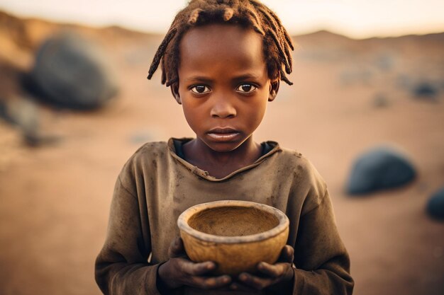 Foto ein kleines kind mit sehnsuchtsvollen augen hält eine leere schüssel inmitten einer unfruchtbaren landschaft