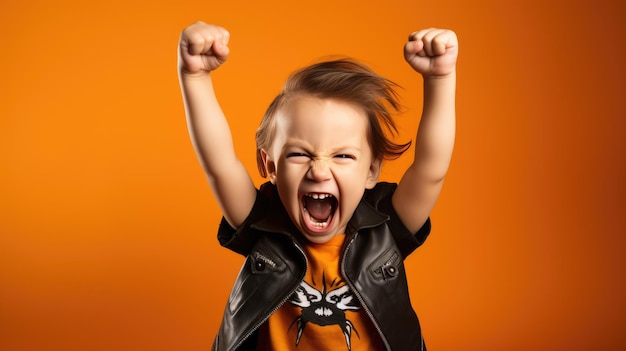 Ein kleines Kind schreit laut und hebt seine Hände zum Sieg gegen einen isolierten leuchtend orangefarbenen Hintergrund