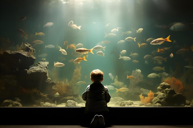 ein kleines Kind sitzt und beobachtet Fische in einem großen Aquarium