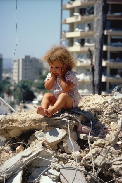 Foto ein kleines kind steht vor dem krieg in einem zerstörten stadtbild mit zerstörten fahrzeugen und gebäuden