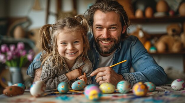 Ein kleines Kind trägt Kaninchenohren und malt Ostereier mit seinem Vater