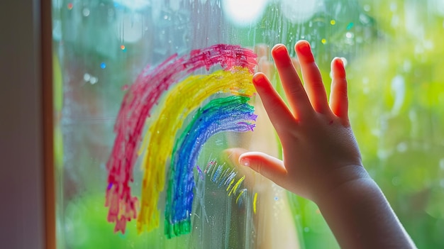 Ein kleines Kind und ein Regenbogen auf der Fensterfläche