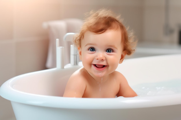 Ein kleines lächelndes Baby badet in einer Badewanne. Babypflege. Glückliches Kind. KI generiert