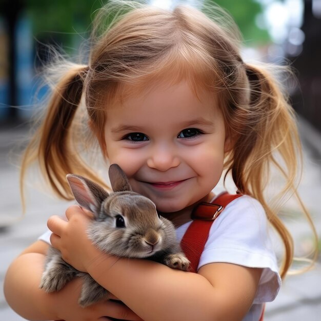 Ein kleines lächelndes Mädchen mit einem Kaninchen