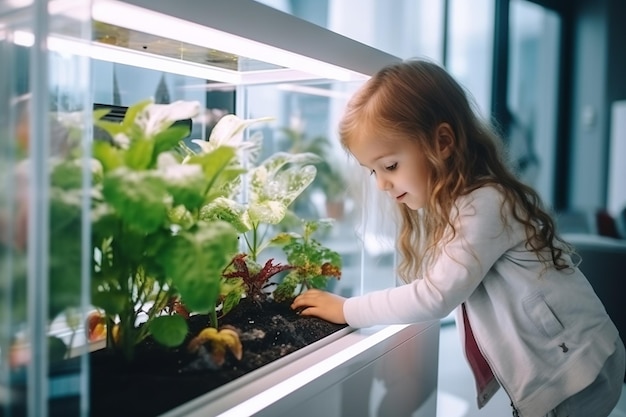 Ein kleines langhaariges Mädchen schaut mit Interesse auf kleine Pflanzenpflanzen, die im Glas des künstlichen Ökosystems im Tageslicht wachsen