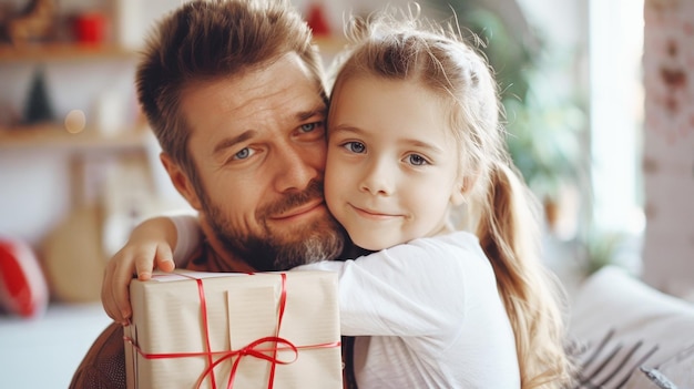 Ein kleines Mädchen begrüßt seinen Vater am Vatertag mit einem Geschenk im Hintergrund des weißen Wohnzimmers