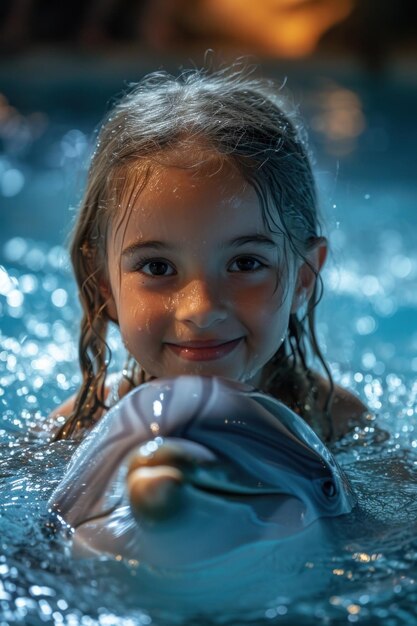 Foto ein kleines mädchen beschäftigt sich an einem sonnigen tag mit einem delfin in klarem wasser