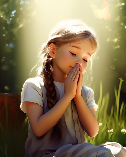 Ein kleines Mädchen betet im Sonnenlicht