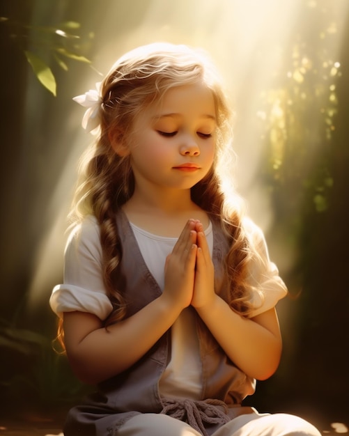 Ein kleines Mädchen betet im Wald.