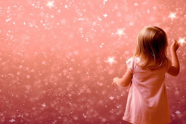 Ein kleines Mädchen blickt auf einen Stern auf rosa Hintergrund