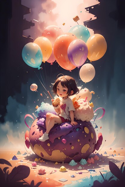 Ein kleines Mädchen, das auf dem riesigen Kucheneis mit Luftballons sitzt, Buchcover-Hintergrundillustration