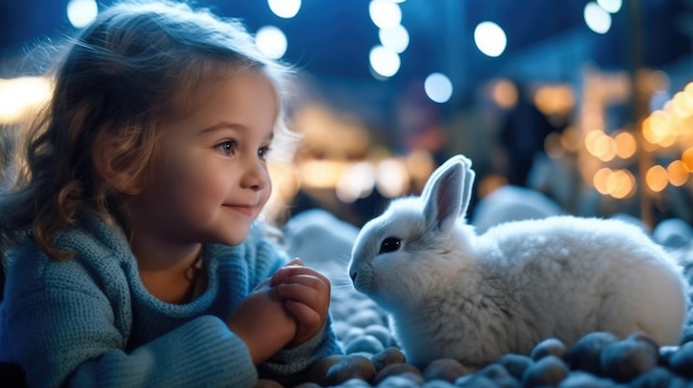 Ein kleines Mädchen, das ein weißes Kaninchen betrachtet