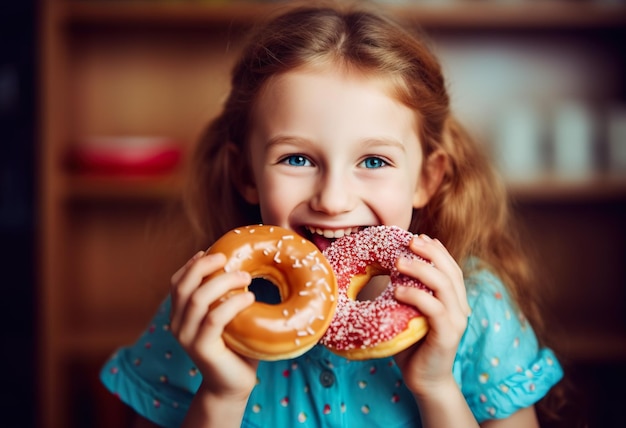 Ein kleines Mädchen, das einen Donut mit Streuseln isst, generatives KI-Bild