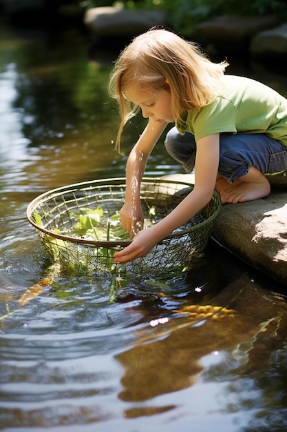 Foto ein kleines mädchen, das im wasser kniet