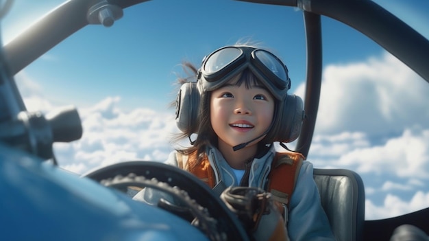 Ein kleines Mädchen fliegt in einem Flugzeug mit der Aufschrift „Air“ auf der Seite.