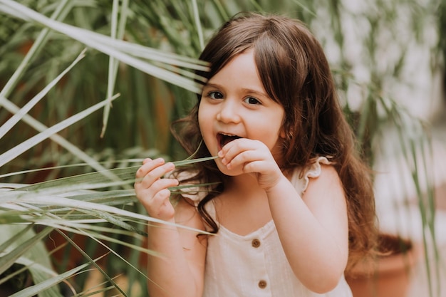 Ein kleines Mädchen geht im Botanischen Garten spazieren, glückliches Baby und Palmen