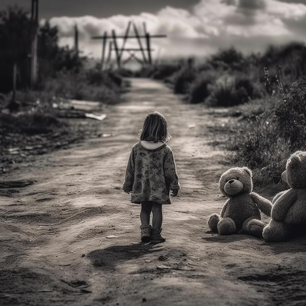 Ein kleines Mädchen geht mit einem Teddybären eine unbefestigte Straße entlang.