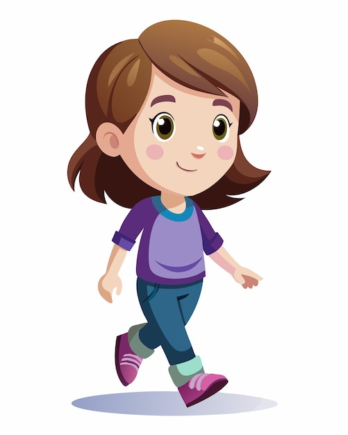Ein kleines Mädchen geht mit fröhlichem Gesichtsausdruck. Clip-Art-Illustration auf weißem Hintergrund