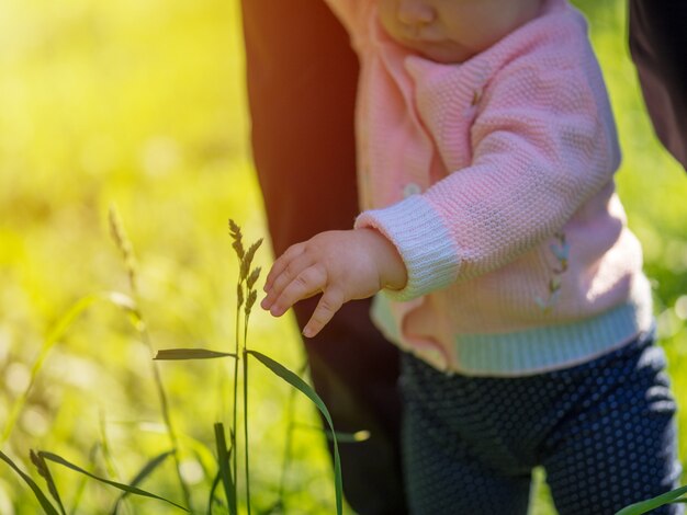 Ein kleines Mädchen geht mit Papa an der Hand in den Park