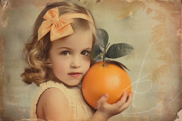 Ein kleines Mädchen hält eine Orange in den Händen auf einem beigen Hintergrund