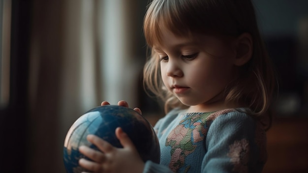 Ein kleines Mädchen hält einen Globus in ihren Händen.
