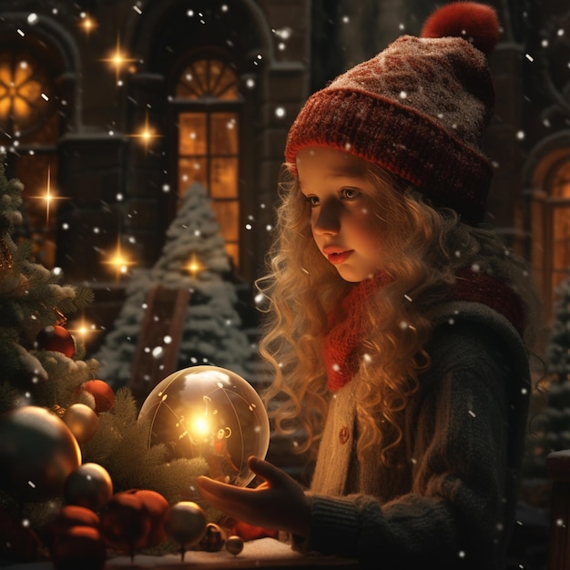 Ein kleines Mädchen hält einen Globus mit Schneeflocken darauf.