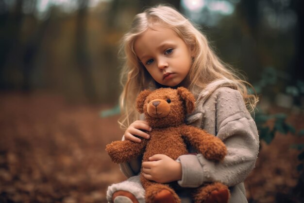 Ein kleines Mädchen hält einen Teddybären in den Händen.