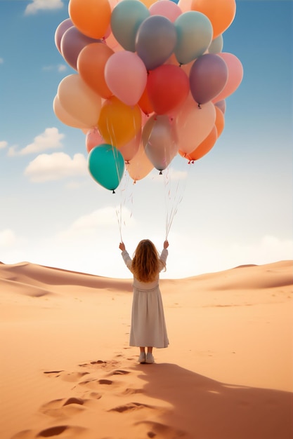 Ein kleines Mädchen hält einige bunte Luftballons in der Hand, die mitten in der Wüste stehen