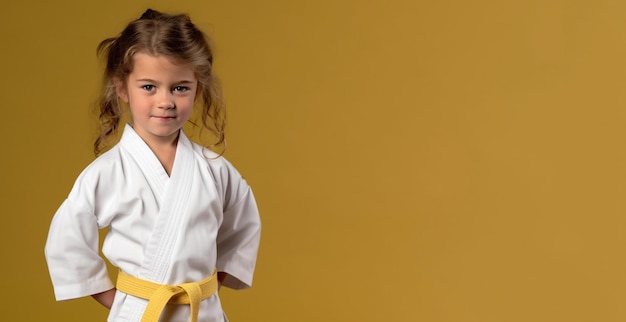 Ein kleines Mädchen im Karate-Outfit steht vor gelbem Hintergrund