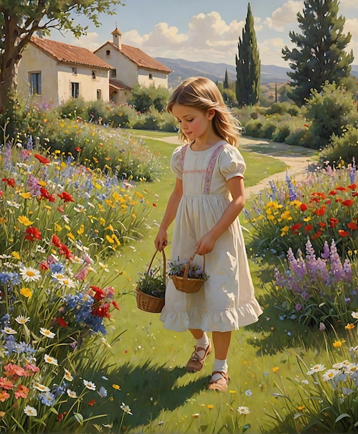 ein kleines Mädchen in einem Garten mit Blumen und einem Haus im Hintergrund