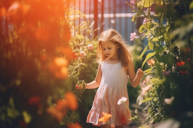 Ein kleines Mädchen in einem Garten mit Blumen