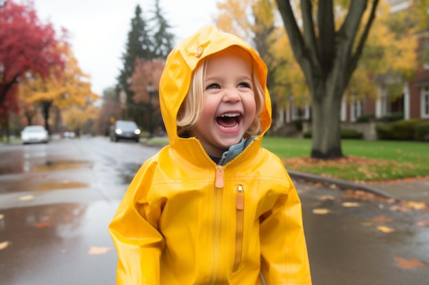 ein kleines Mädchen in einem gelben Regenmantel lacht