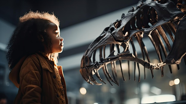 Foto ein kleines mädchen in einem paläontologie-museum schaut neugierig auf ein großes dinosaurier-skelett ein kind auf einem exkurs untersucht die knochen eines fossilen tieres