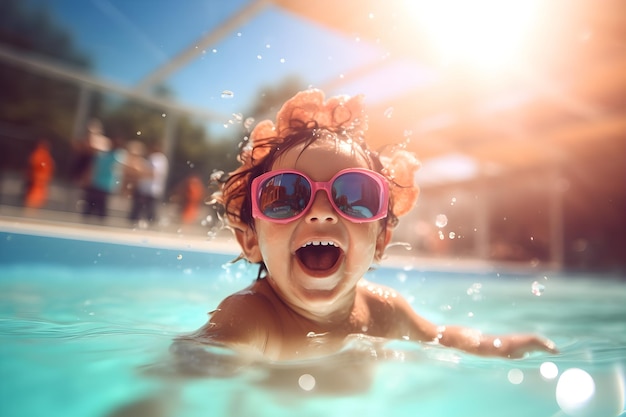 Ein kleines Mädchen in einem Pool, das eine Sonnenbrille trägt und lächelt.