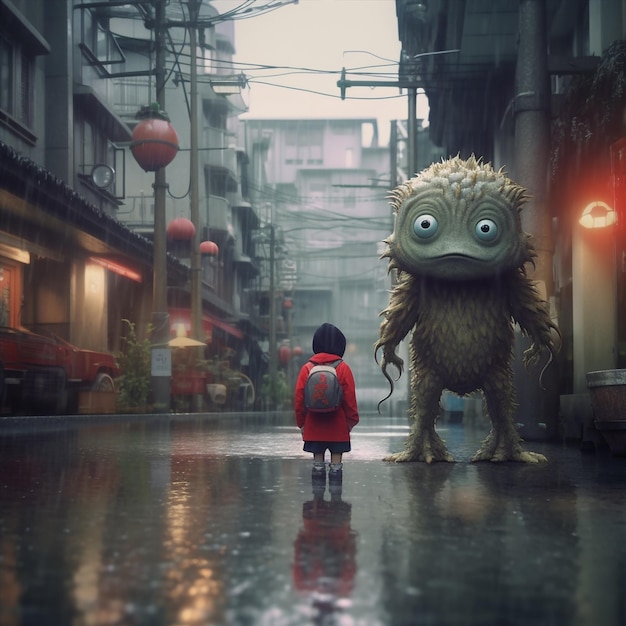 Ein kleines Mädchen in einem roten Mantel steht mitten auf einer Straße, während ein Monster auf dem Boden liegt.