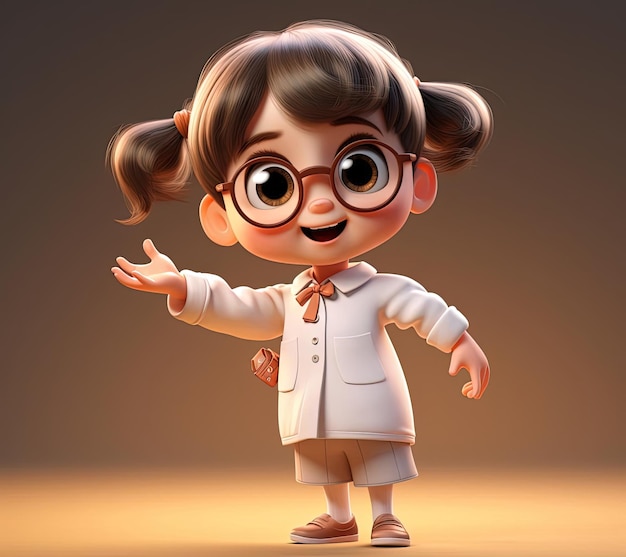 Ein kleines Mädchen in einem weißen Hemd, das eine Brille trägt und hektisch auf 3D zeigt