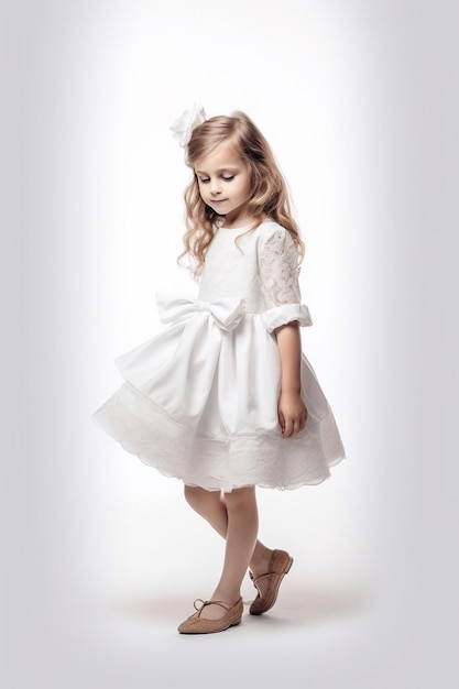 Ein kleines Mädchen in einem weißen Kleid steht auf einem weißen Hintergrund.