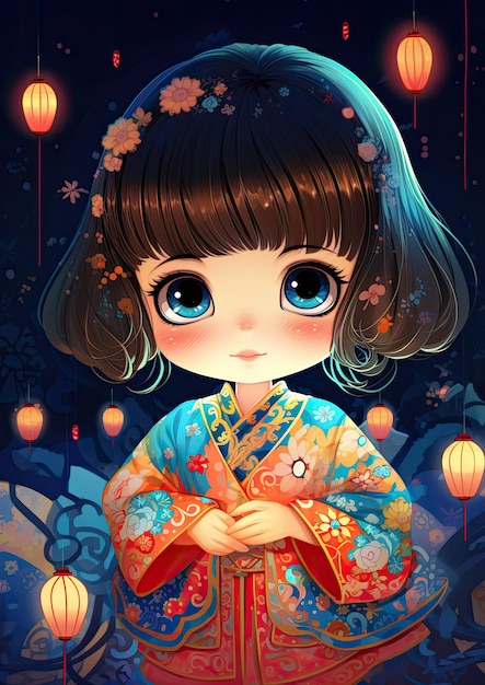 ein kleines Mädchen in Kimono mit glühendem Licht um sie herum