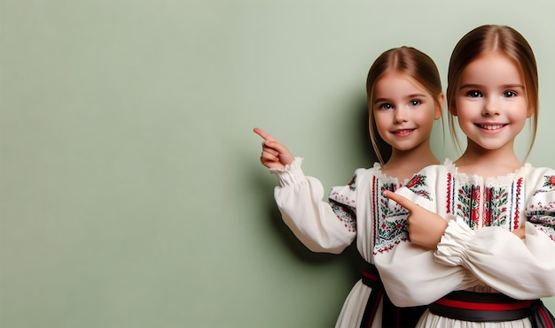 Ein kleines Mädchen in traditioneller Kleidung weist auf ein leeres Gebiet, das von KI generiert wurde.