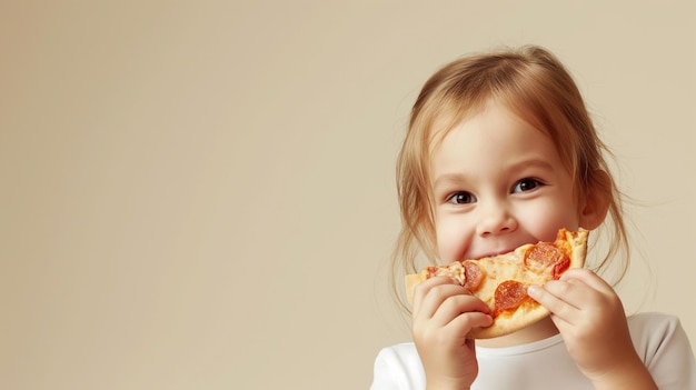 Ein kleines Mädchen isst Pizza, ein glückliches Kind mit einem Stück Pizza auf beige Hintergrund