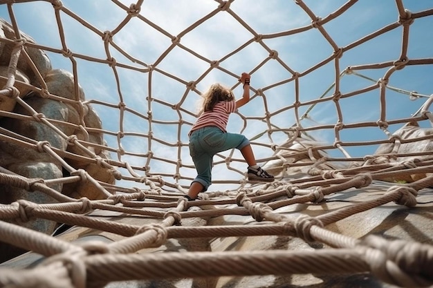 Foto ein kleines mädchen klettert auf ein seilnetz