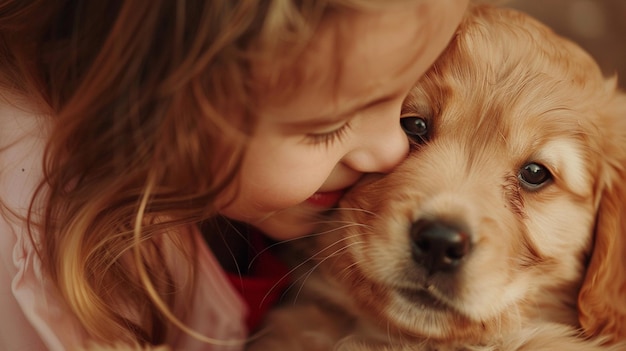 ein kleines Mädchen küsst einen Hund mit einem Mädchen