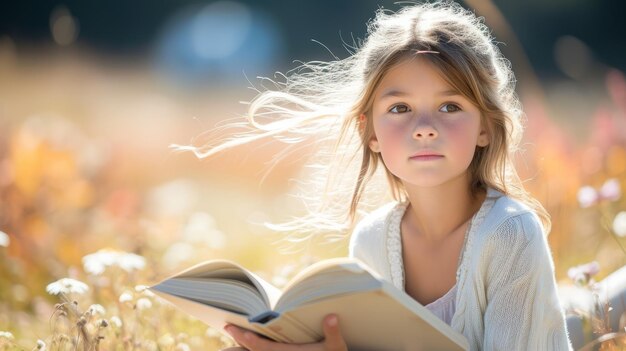 Ein kleines Mädchen liest ein Buch auf einem Blumenfeld