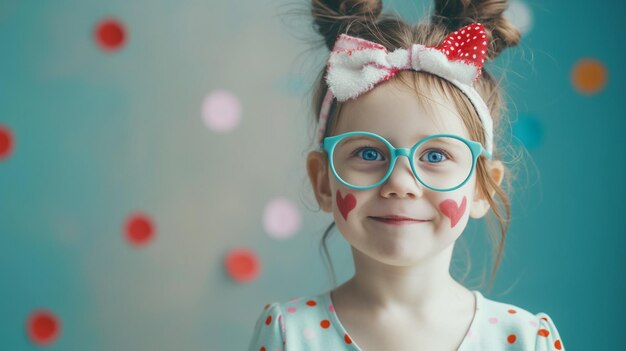 Ein kleines Mädchen mit blauen Augen, das ein Polka-Punkt-Kopfband trägt