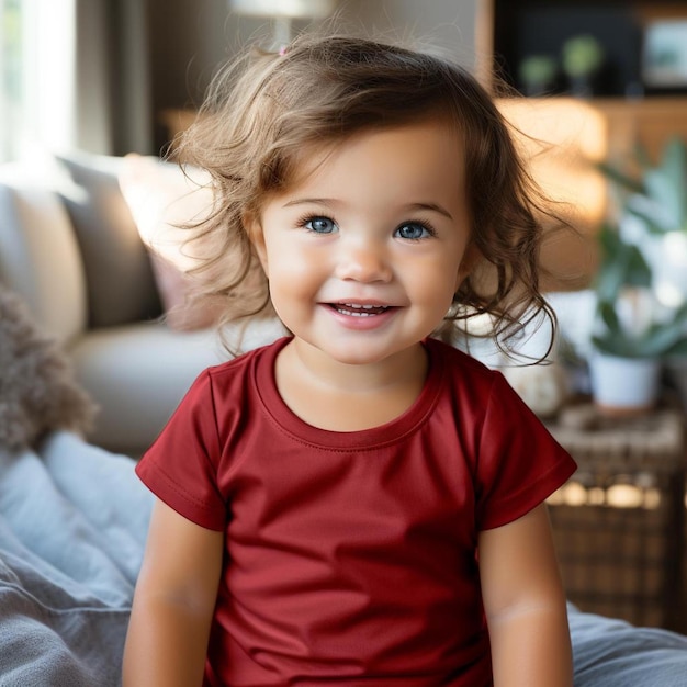 Ein kleines Mädchen mit blauen Augen sitzt auf einer Couch.