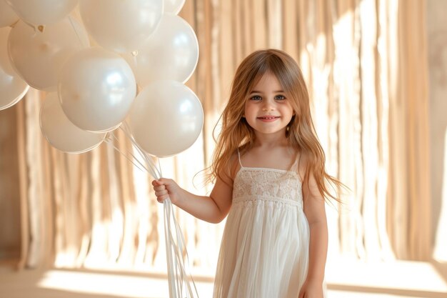 Ein kleines Mädchen mit blonden Haaren und blauen Augen hält einen Haufen weißer Ballons und lächelt