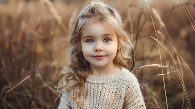 Ein kleines Mädchen mit blonden Haaren und blauen Augen lächelt in einem Feld mit hohem Gras. Sie trägt einen weißen Pullover. Der Hintergrund ist verschwommen und warm.