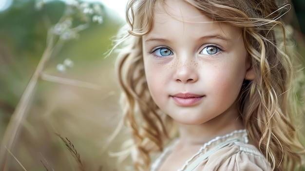 Ein kleines Mädchen mit blonden lockigen Haaren und blauen Augen, das mit einem schüchtern Lächeln in die Kamera schaut