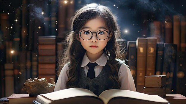 ein kleines Mädchen mit Brille steht an einem Schreibtisch mit Büchern im Stil der Sternkunstgruppe Xing