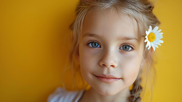 Ein kleines Mädchen mit einem Gänseblümchen hinter dem Ohr